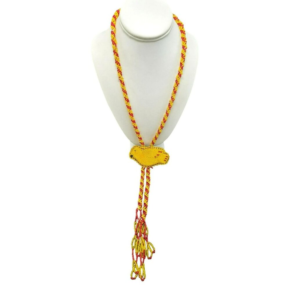 Handmade Beaded Lariat Necklace With Yellow Bird Pendant Red Yellow HS205
